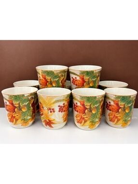 222 Fifth Autumn Celebration Fine China Coffee Mugs Set of 8 Fall Leaves